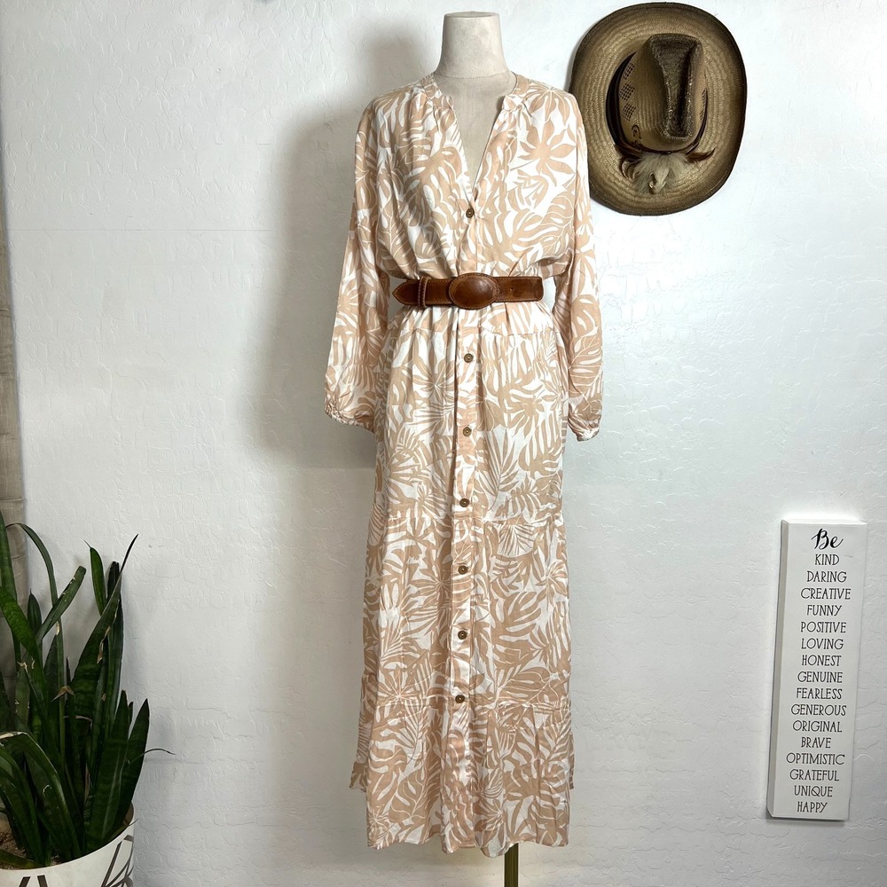 SALTY LEMON NWT Boho Tropical Palm Leaf Tiered Midi Shirt Dress Cream Tan L